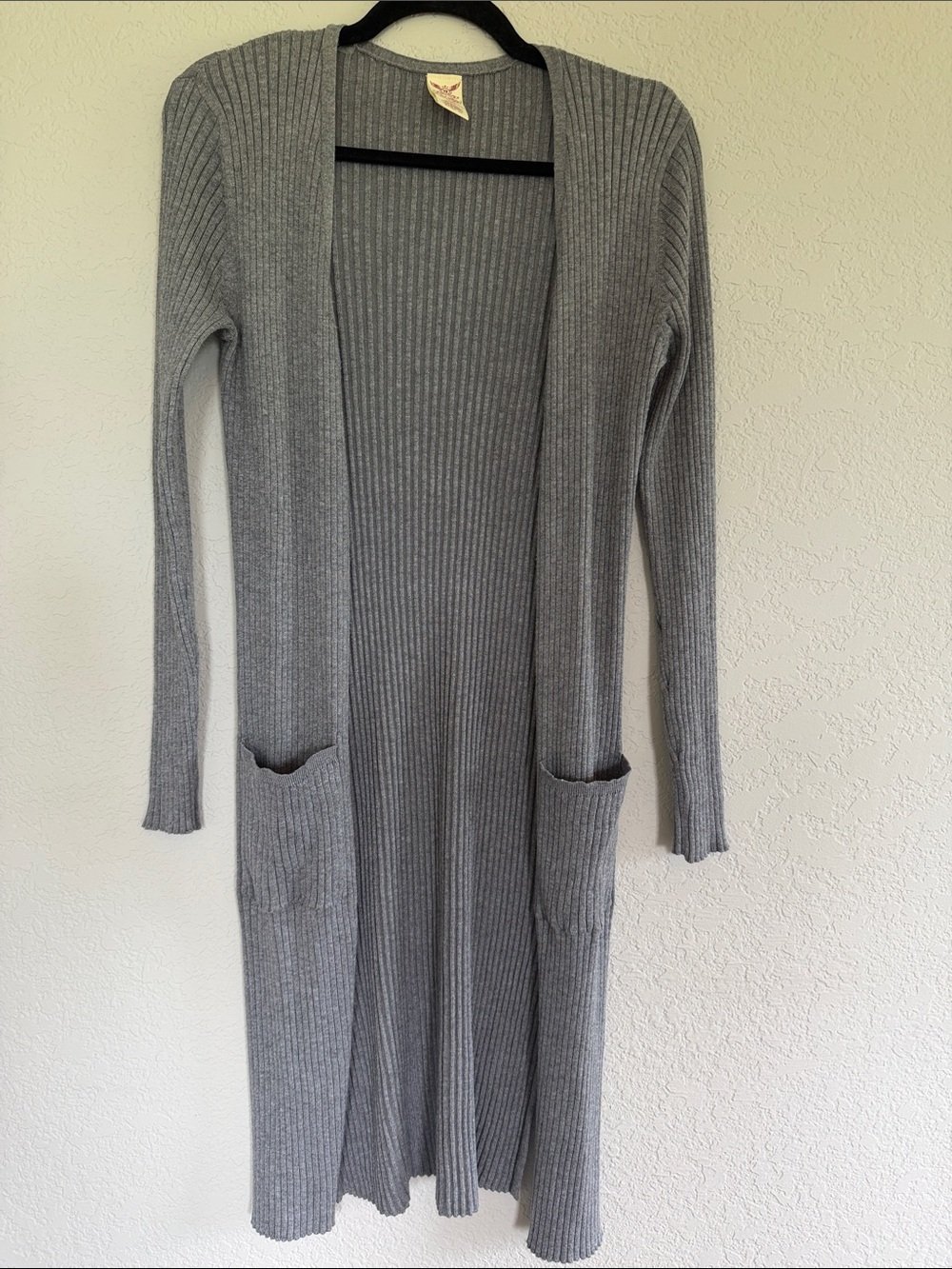 Faded Glory Gray Ribbed Long Open Front Cardigan